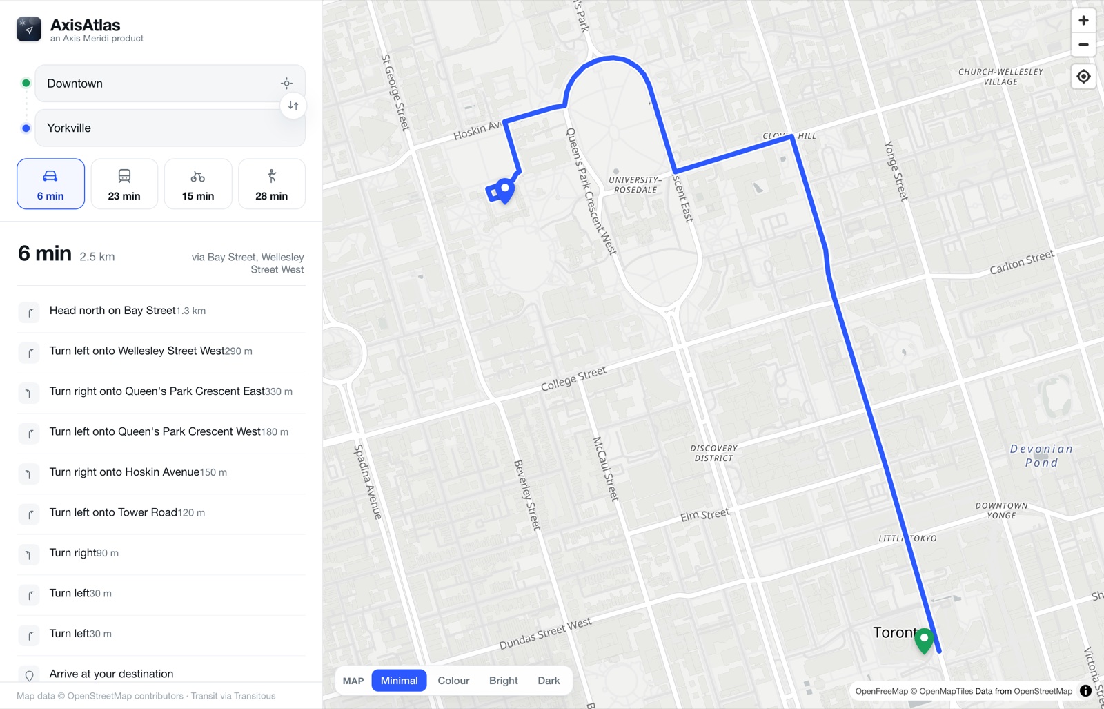 The AxisAtlas app showing a driving route with travel times for car, transit, bike and walking